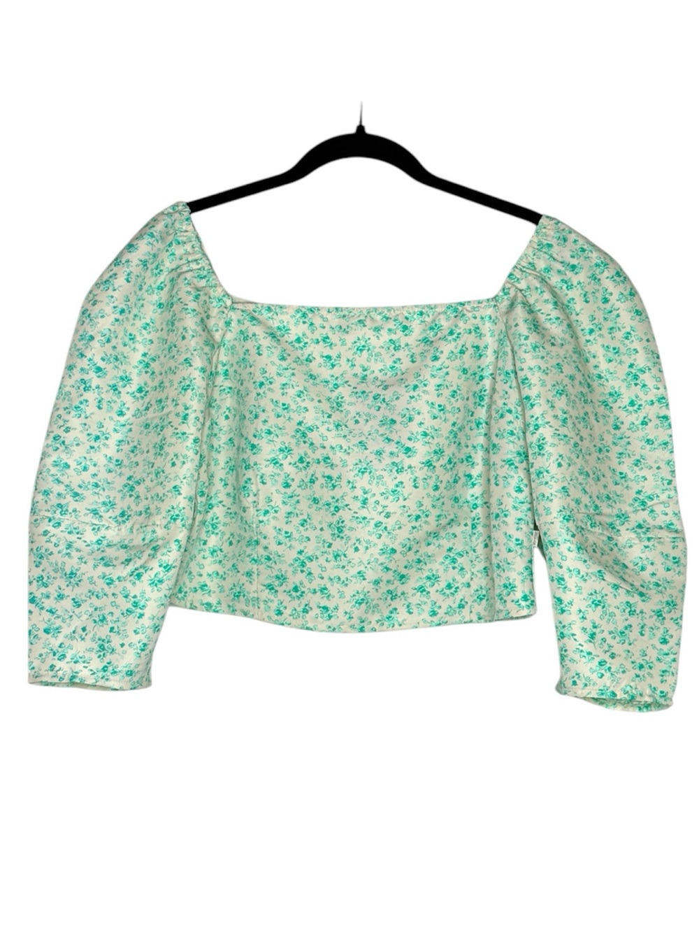 Levi Green Floral Blouse Yvie Odessa Electric Puff Sleeve Crop Top SZ Large